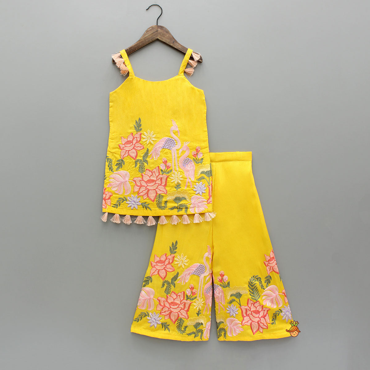 Yellow Embroidered Strappy Kurti And Flared Palazzo With Dupatta