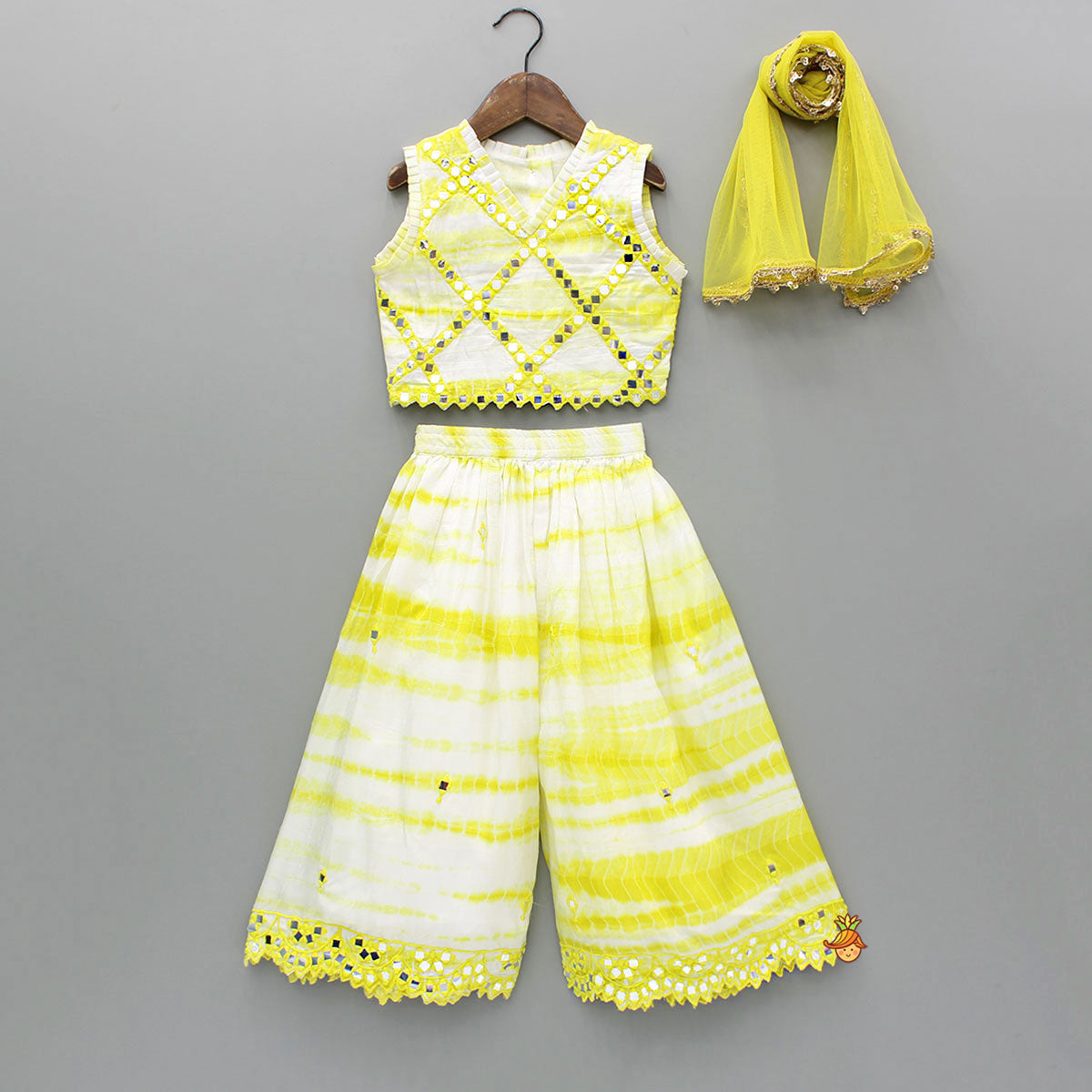 Faux Mirror Work Top And Palazzo With Dupatta