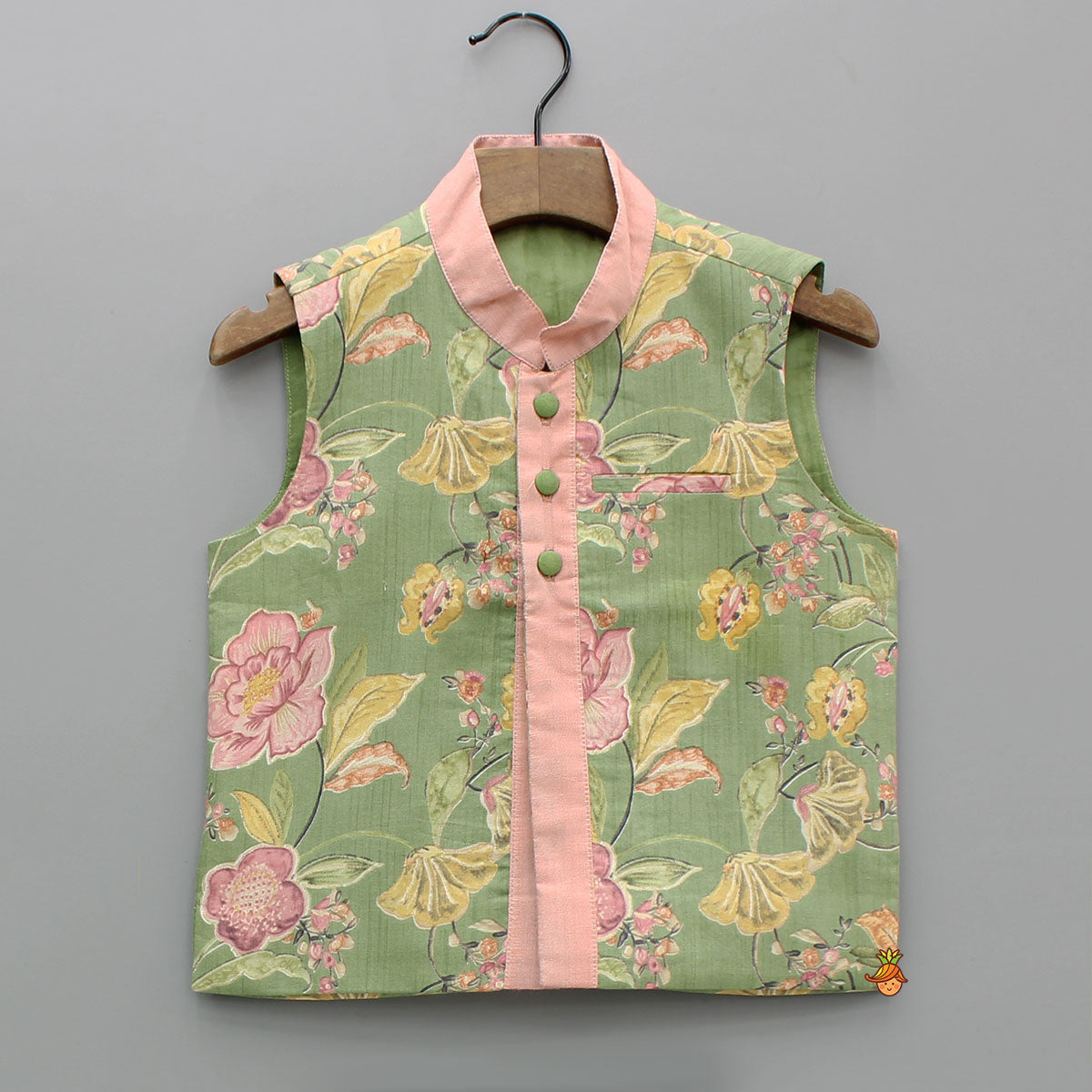 Peach Kurta And Green Floral Multicolour Printed Jacket With Pyjama