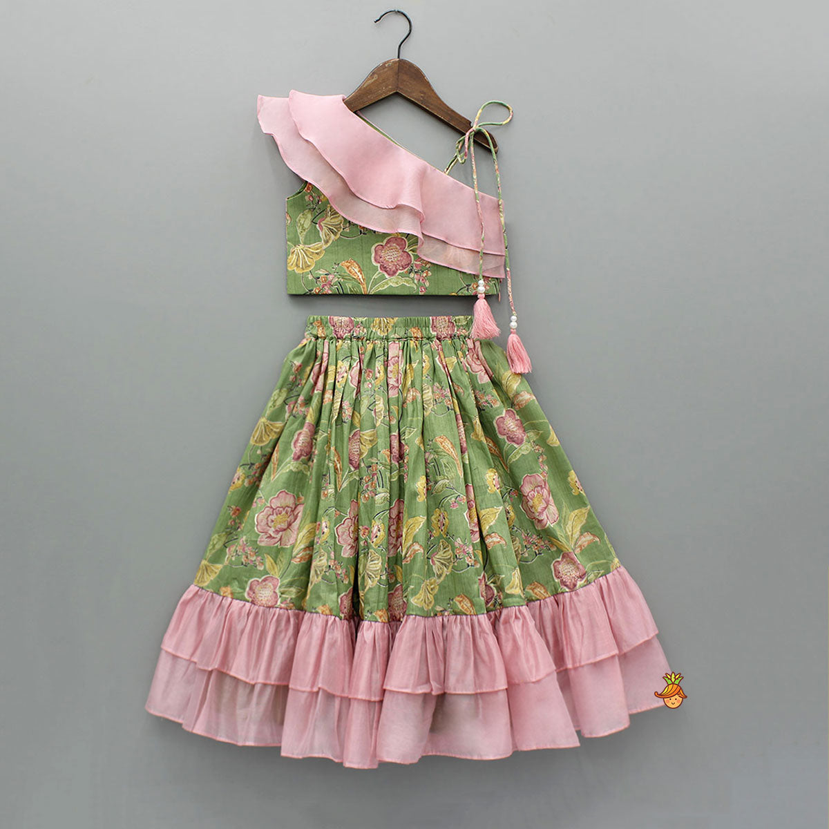 Green Printed One Shoulder Frilly Top And Lehenga