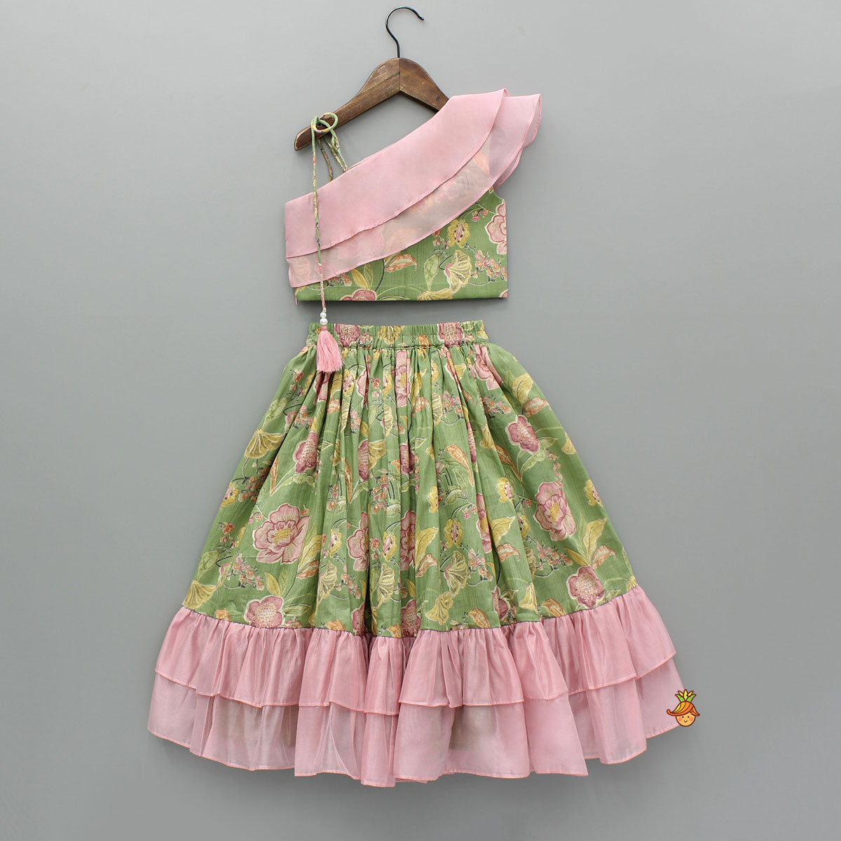 Green Printed One Shoulder Frilly Top And Lehenga