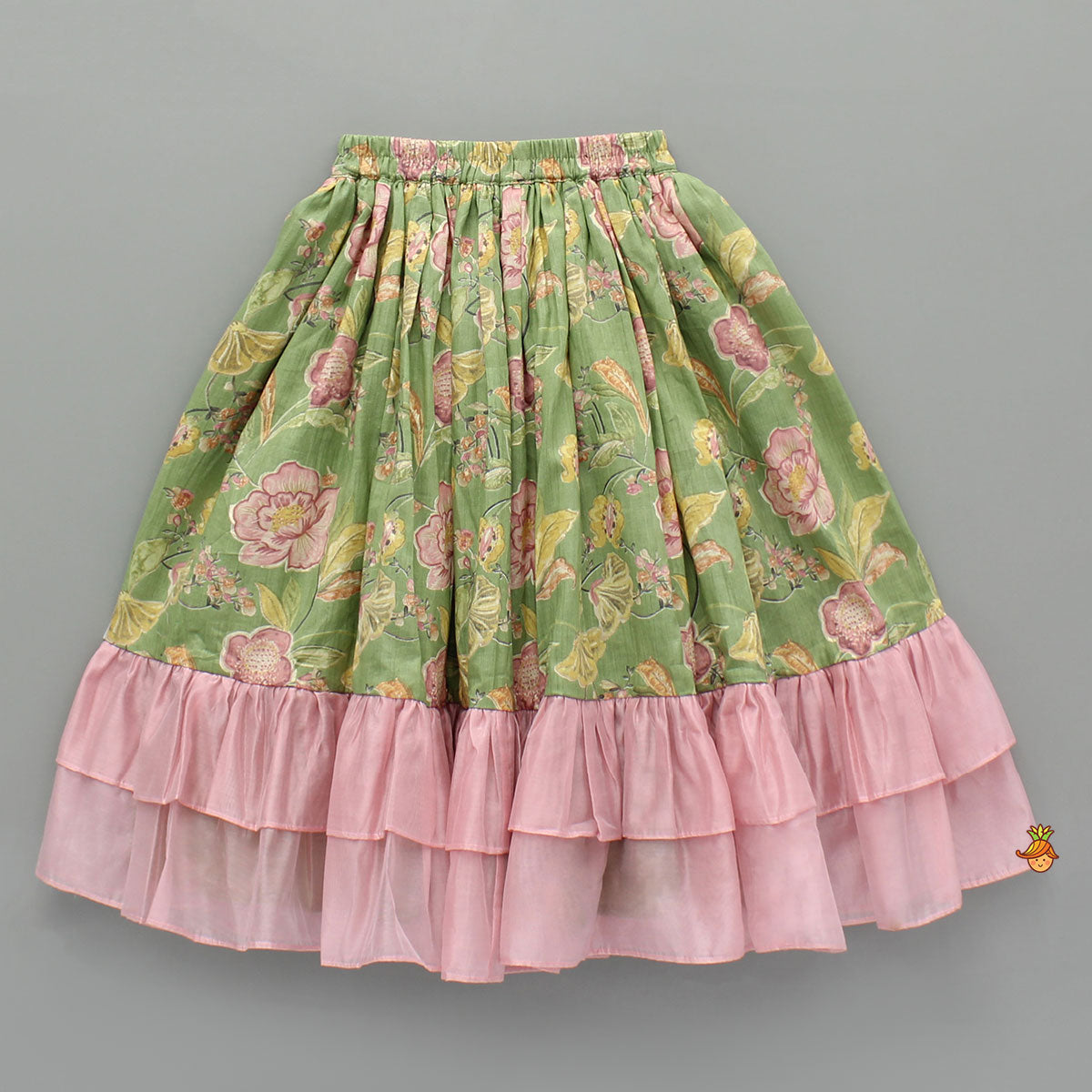 Green Printed One Shoulder Frilly Top And Lehenga