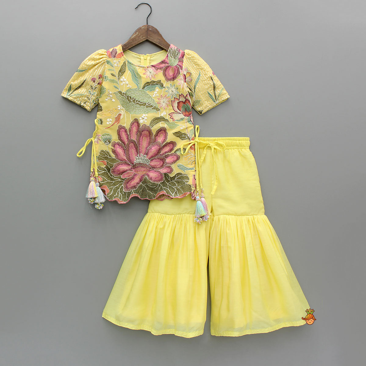 Yellow Floral Embroidered Kurti And Sharara