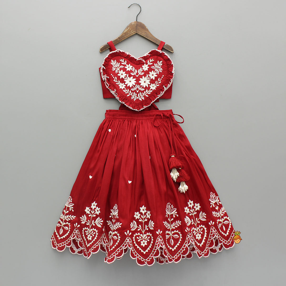 Red Embroidered Heart Shaped Stylish Top And Lehenga