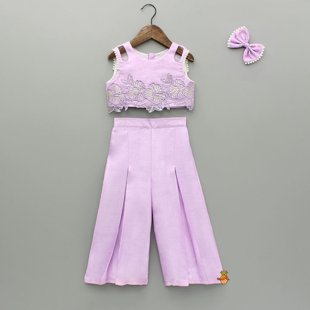 Lavender Embroidered Top And Pleated Palazzo With Matching Bow Hair Clip