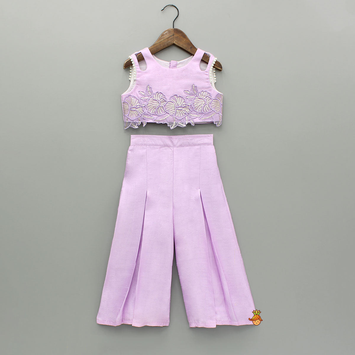 Lavender Embroidered Top And Pleated Palazzo With Matching Bow Hair Clip
