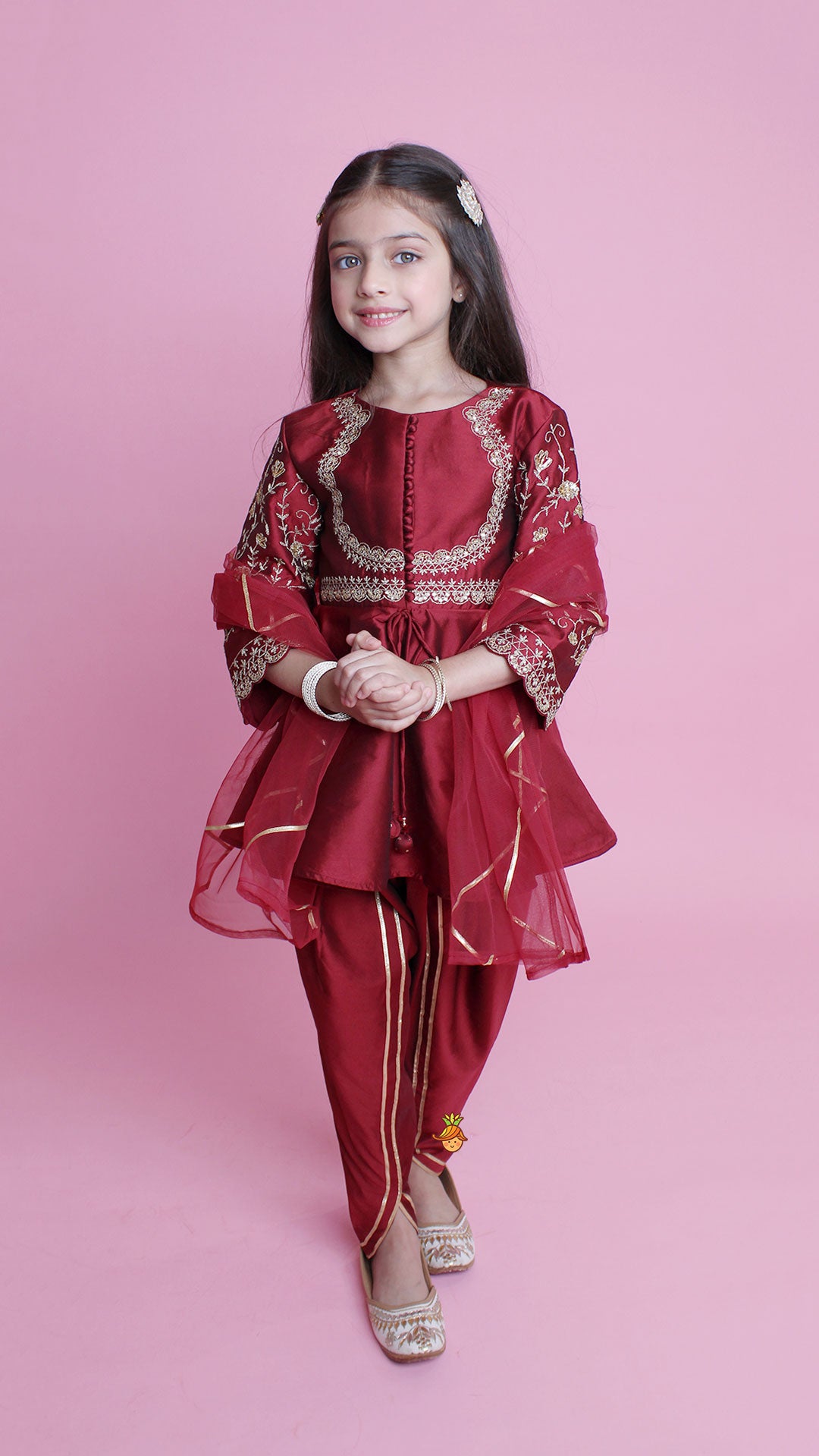 Maroon Embroidered Kurti And Tulip Dhoti