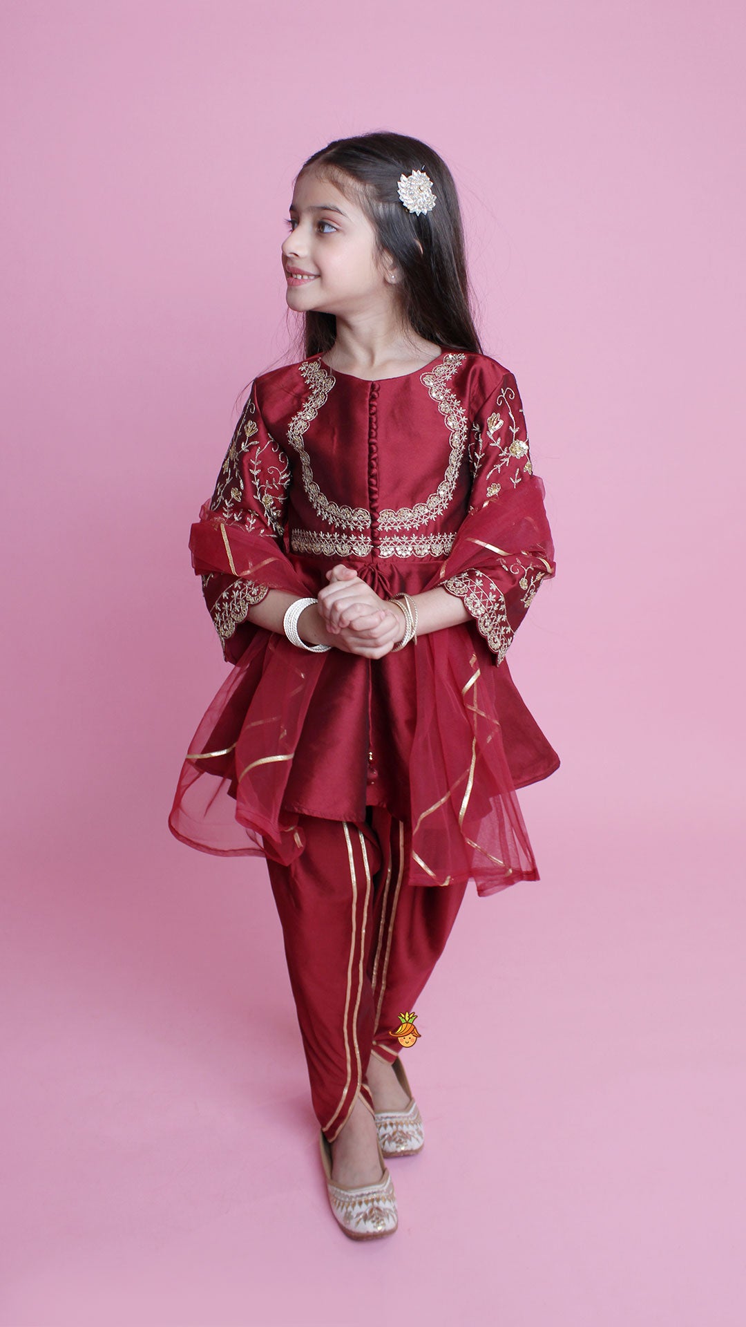 Maroon Embroidered Kurti And Tulip Dhoti