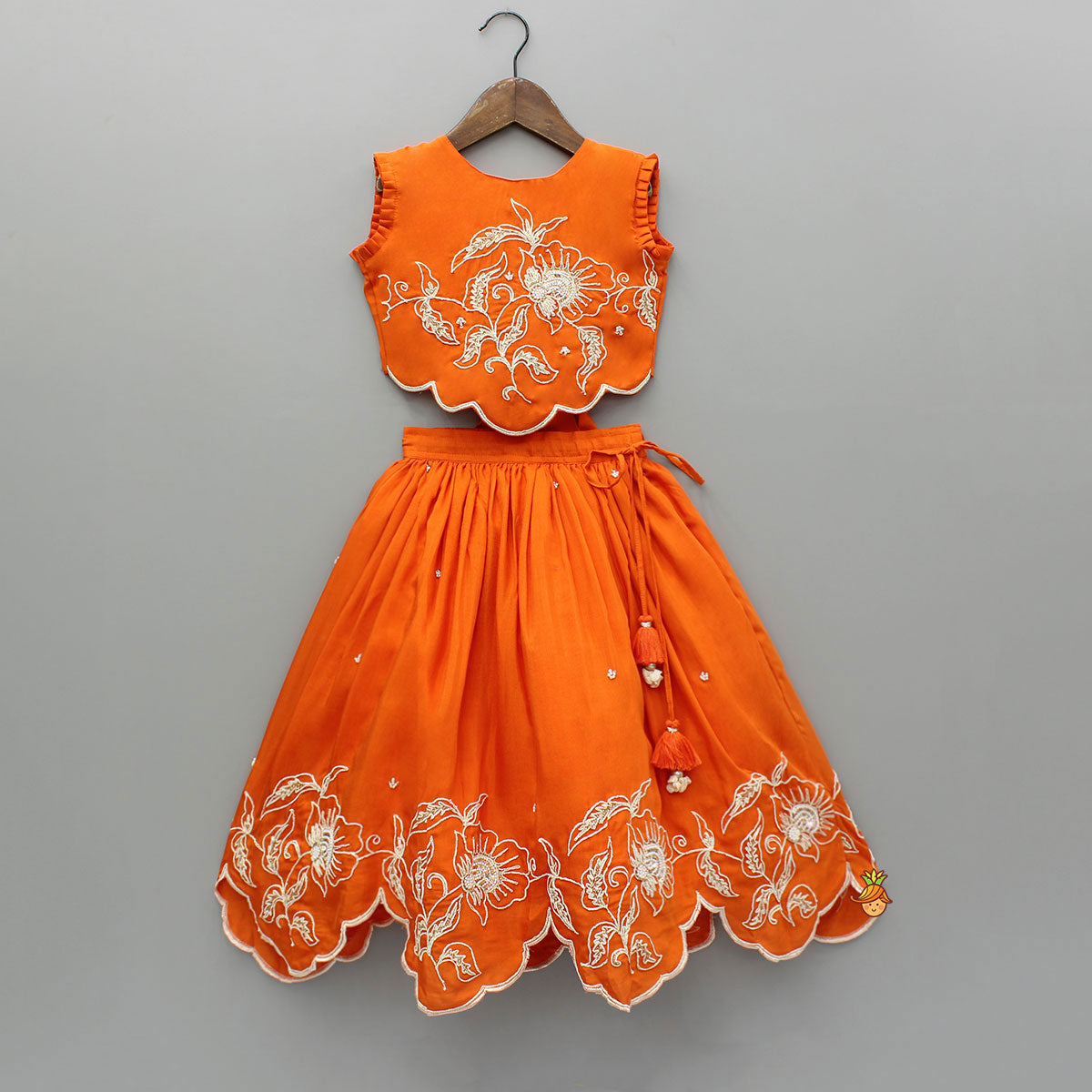 Orange Embroidered Dual Back Knot Detailed Top And Lehenga With Scalloped Hem Detailing