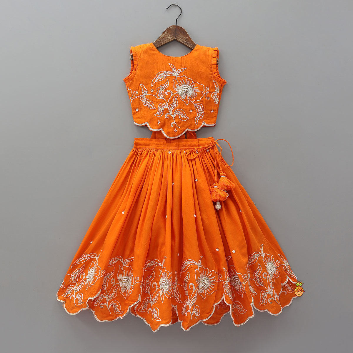 Orange Embroidered Dual Back Knot Detailed Top And Lehenga With Scalloped Hem Detailing