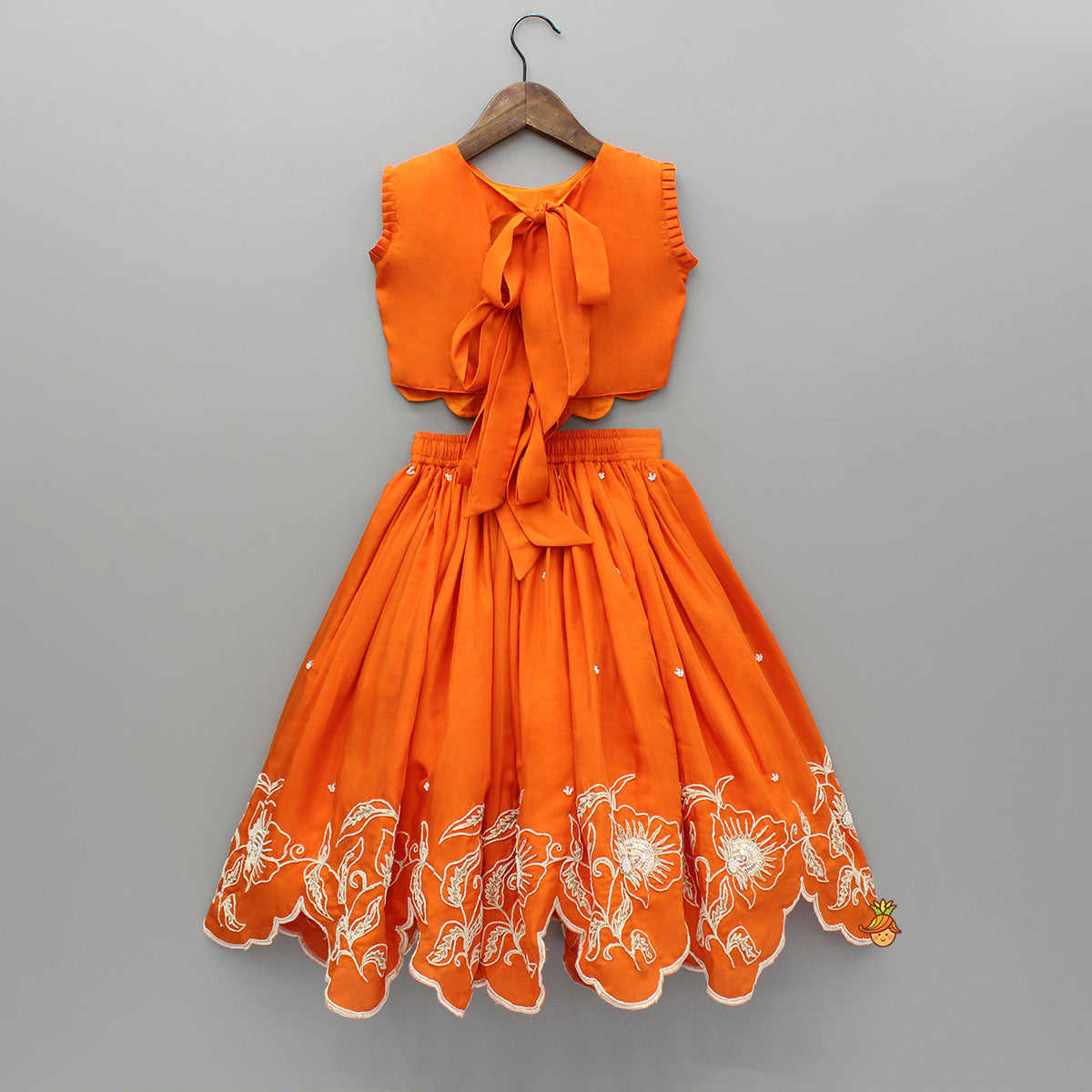 Orange Embroidered Dual Back Knot Detailed Top And Lehenga With Scalloped Hem Detailing
