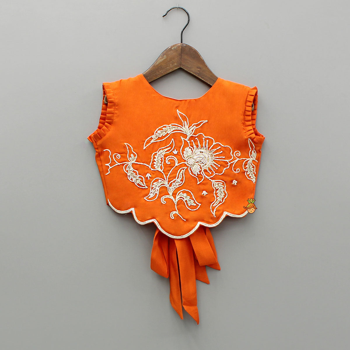 Orange Embroidered Dual Back Knot Detailed Top And Lehenga With Scalloped Hem Detailing
