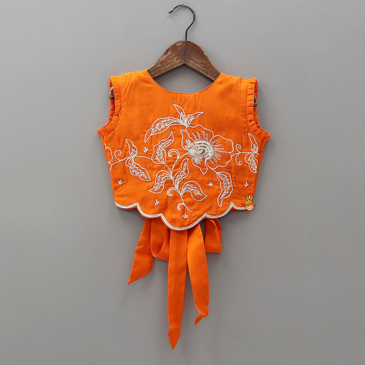 Orange Embroidered Dual Back Knot Detailed Top And Lehenga With Scalloped Hem Detailing