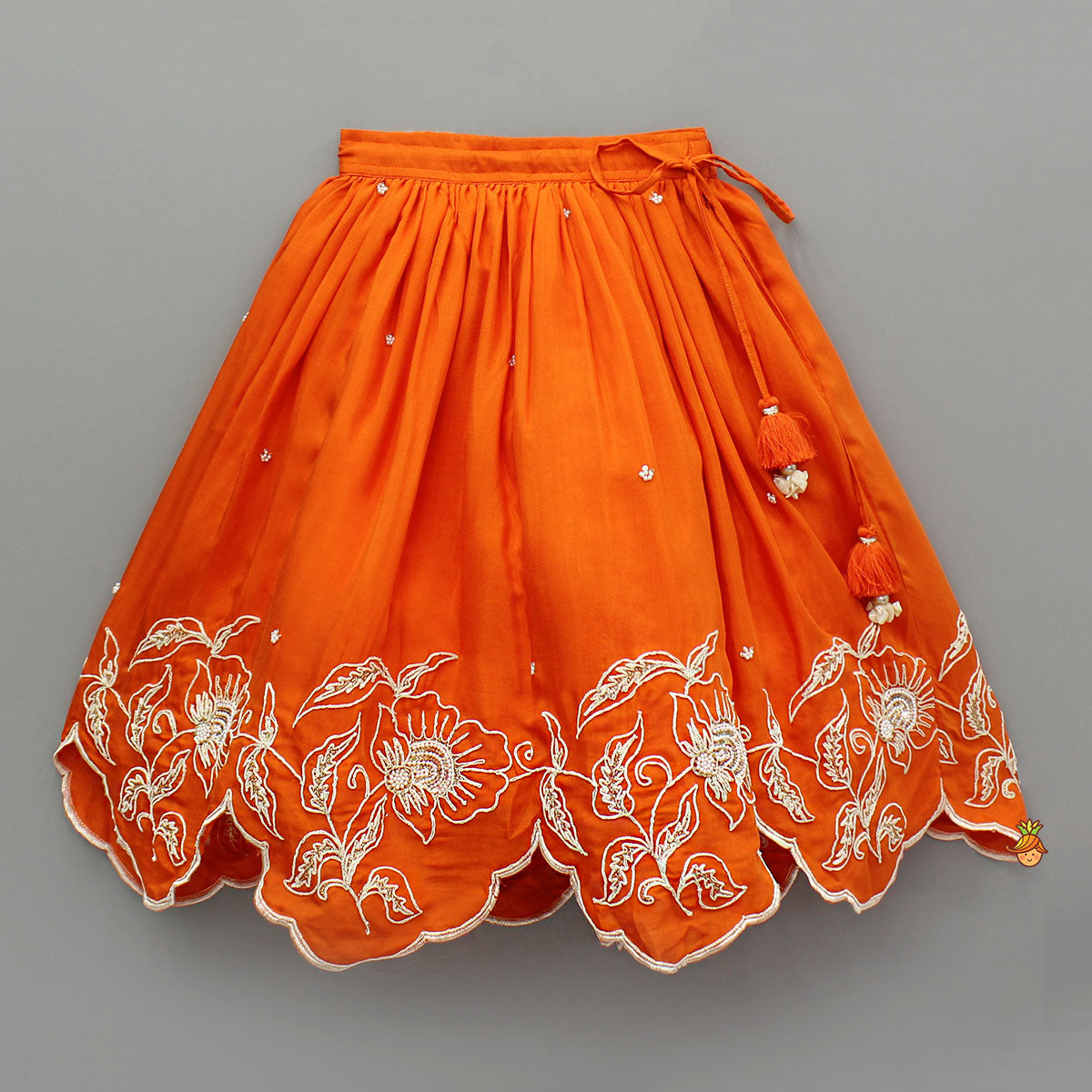 Orange Embroidered Dual Back Knot Detailed Top And Lehenga With Scalloped Hem Detailing