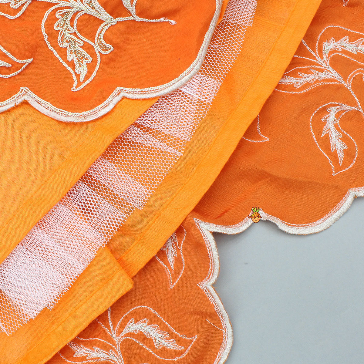 Orange Embroidered Dual Back Knot Detailed Top And Lehenga With Scalloped Hem Detailing