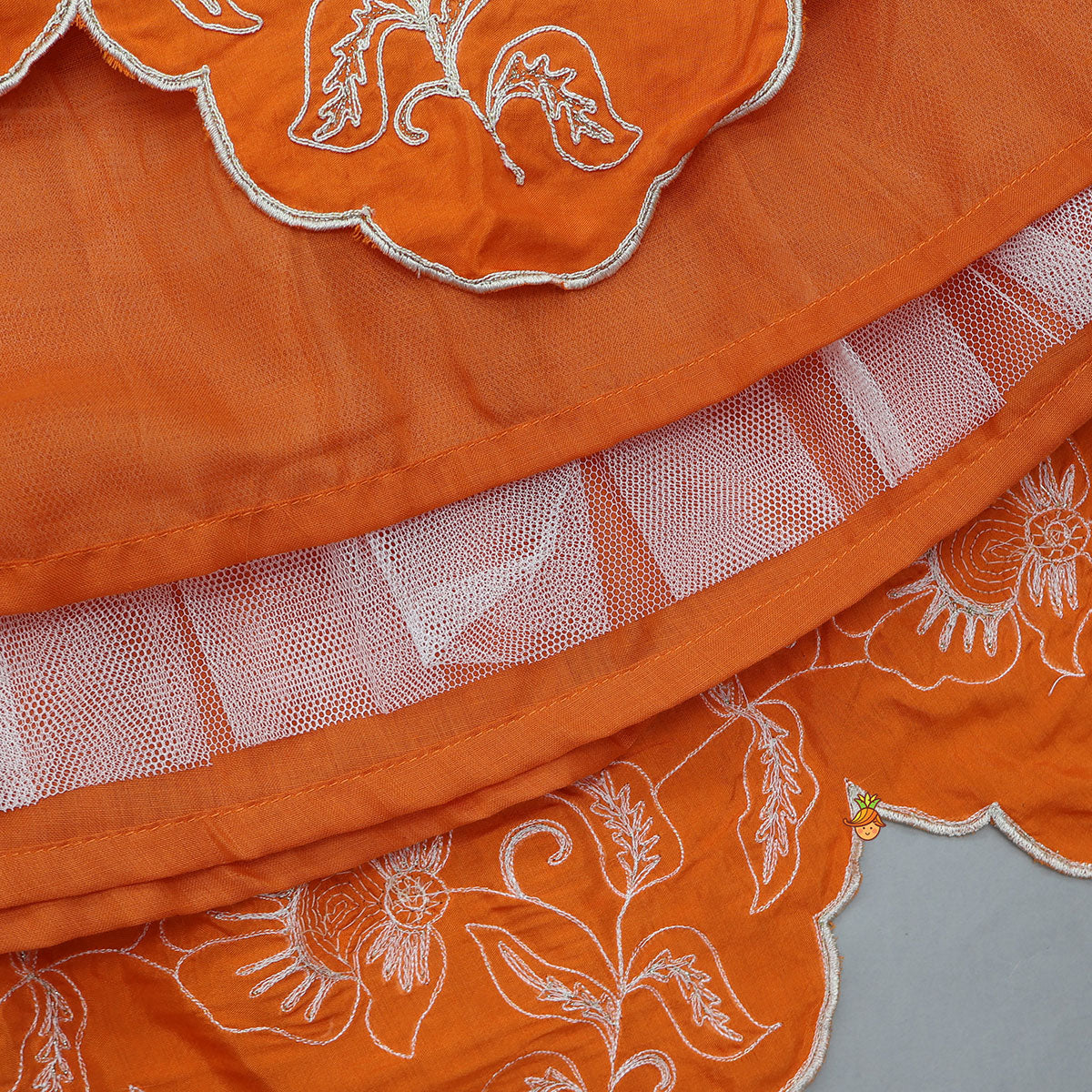 Orange Embroidered Dual Back Knot Detailed Top And Lehenga With Scalloped Hem Detailing