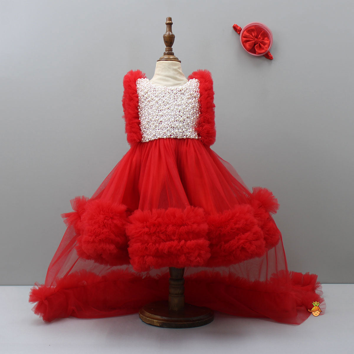 Embroidered Yoke Red Dress With Detachable Trial And Bow With Matching Swirled Bowie Headband