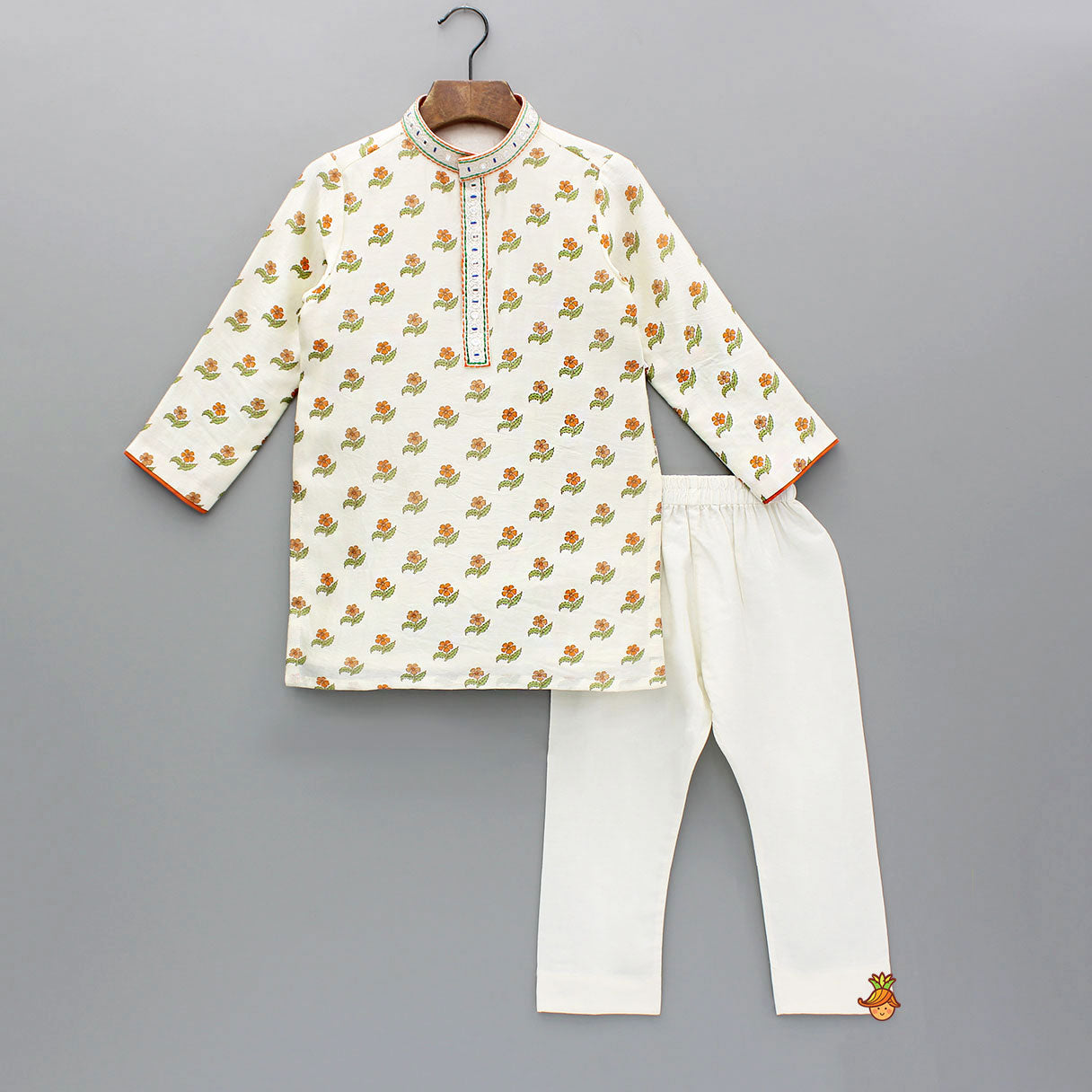 Floral Printed And Faux Mirror Work Embroidered Kurta With Pyjama