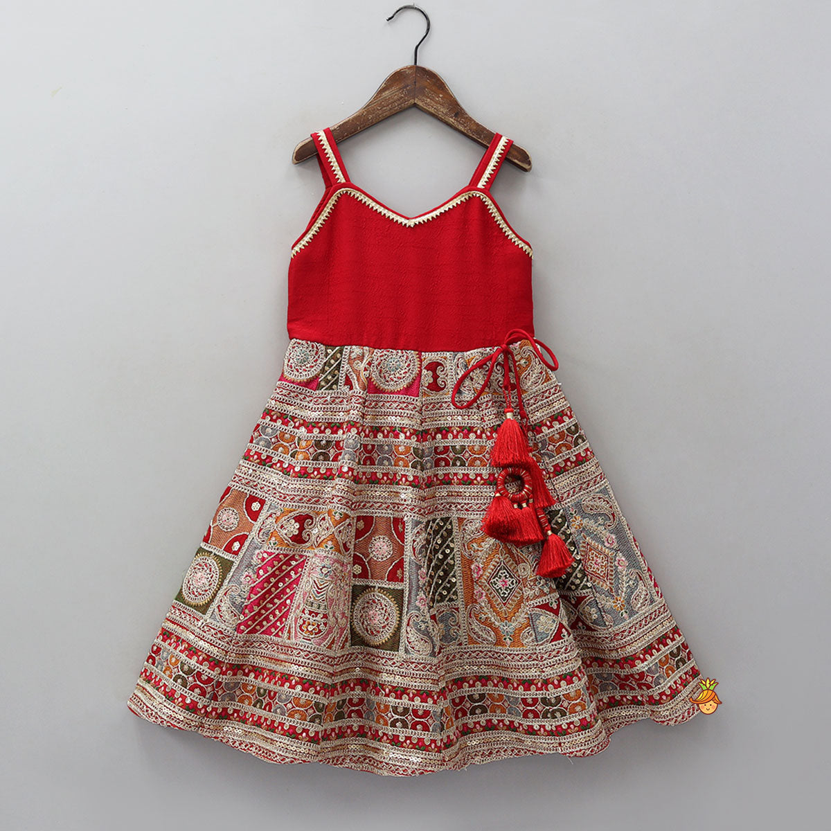 Red Strappy Heavy Embroidered Kurti With Matching Embroidered Jacket