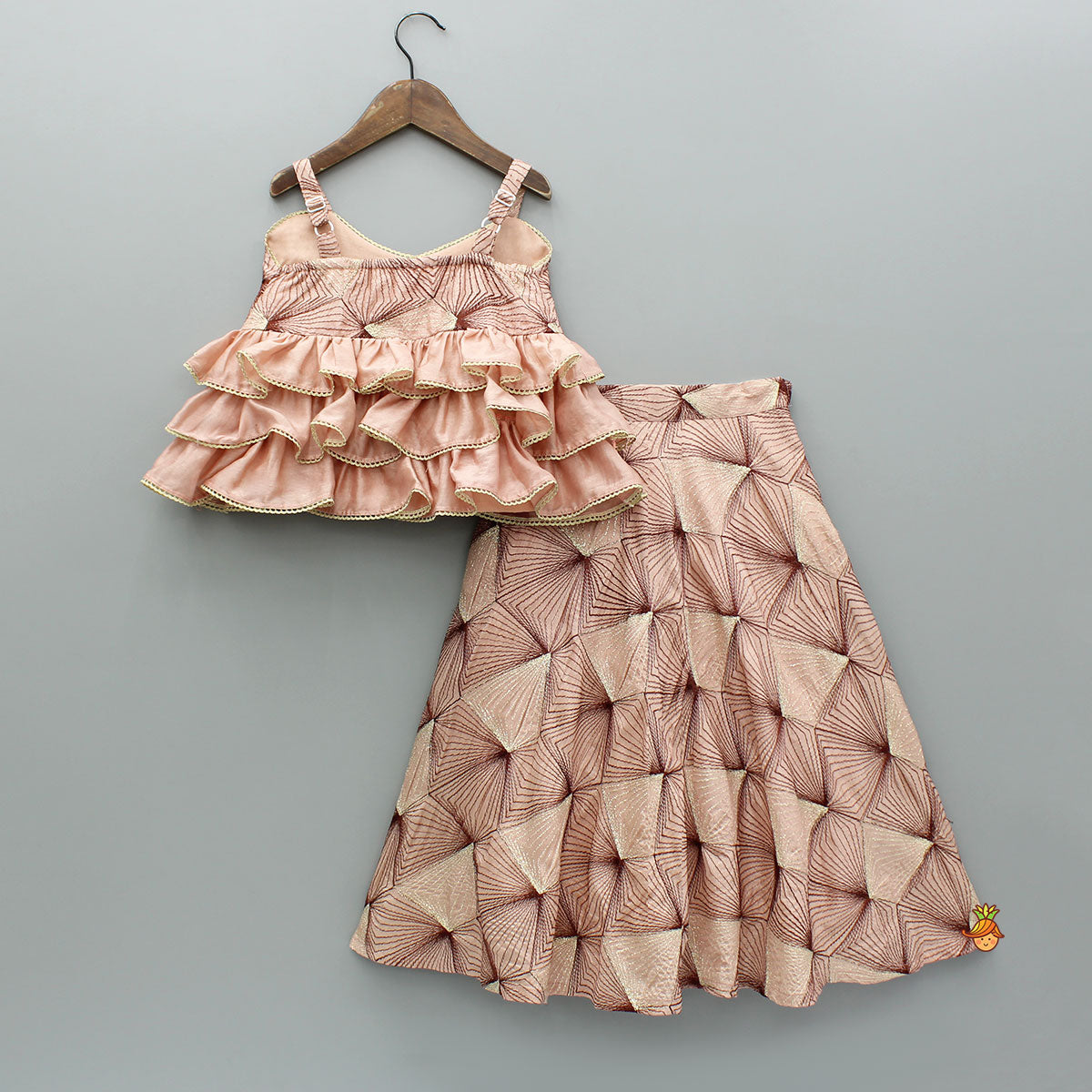Peach Embroidered Strappy Ruffle Layered Top and Lehenga