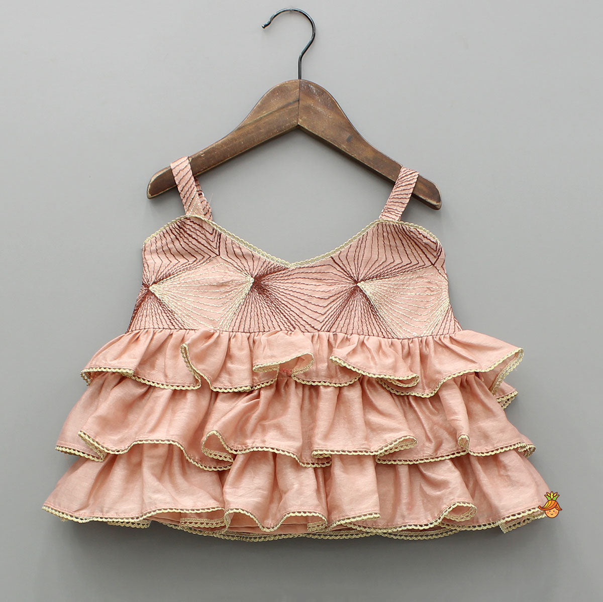 Peach Embroidered Strappy Ruffle Layered Top and Lehenga