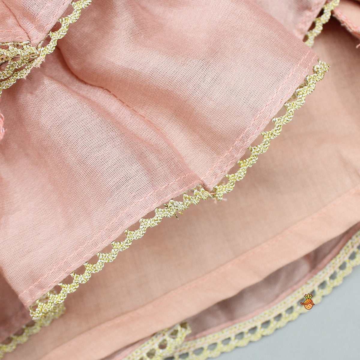 Peach Embroidered Strappy Ruffle Layered Top and Lehenga