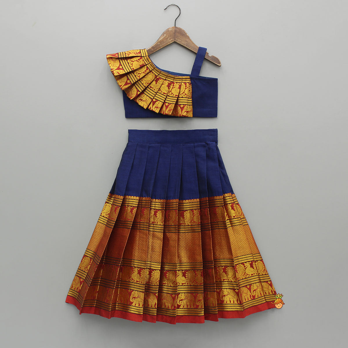 Blue One Shoulder Pleats Detailed Top And Pleated Lehenga