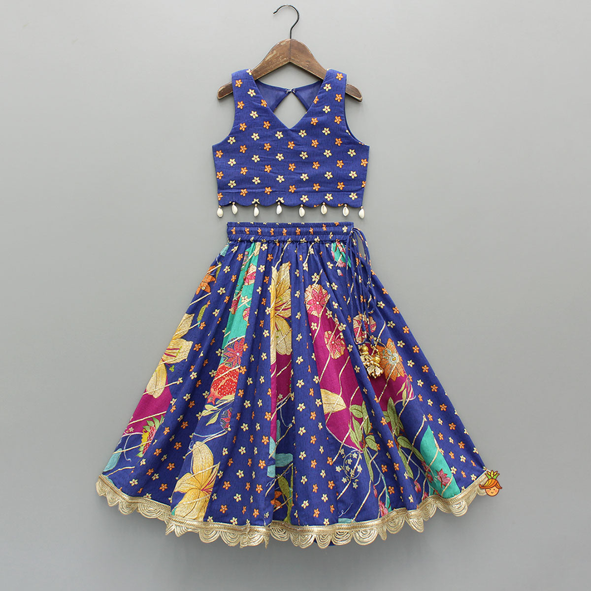 Floral Printed Embellished Top And Gota Lace Work Lehenga