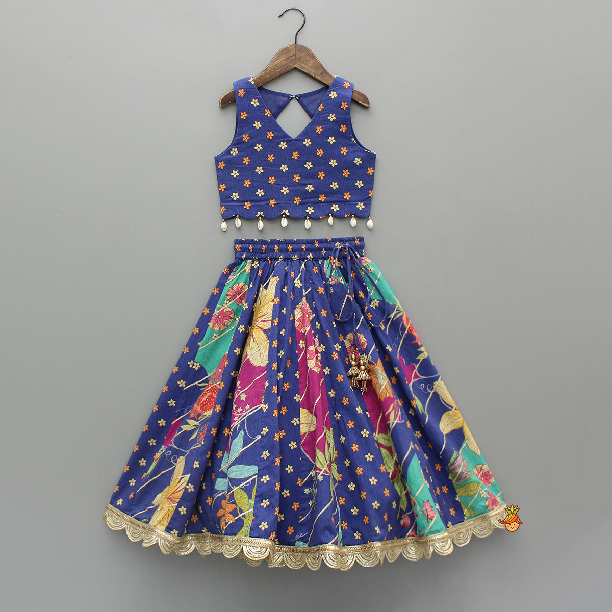 Floral Printed Embellished Top And Gota Lace Work Lehenga