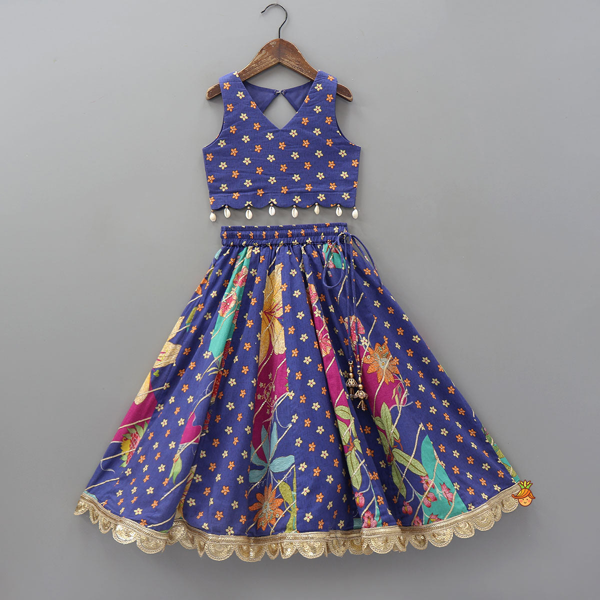 Floral Printed Embellished Top And Gota Lace Work Lehenga