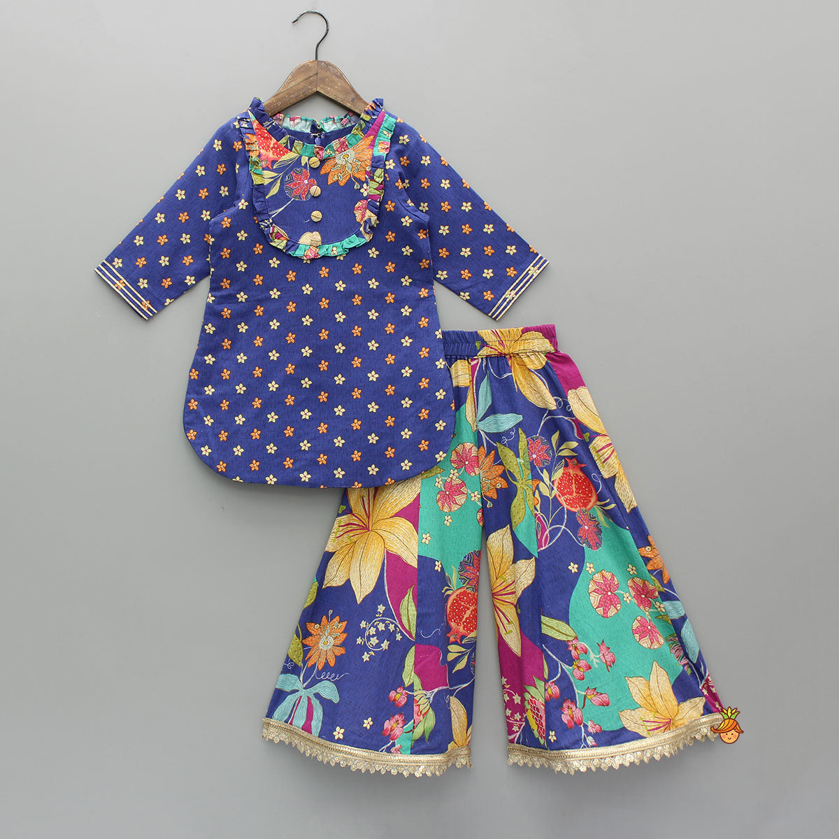 Floral Printed Ruffle Detailed Kurti And Flared Palazzo