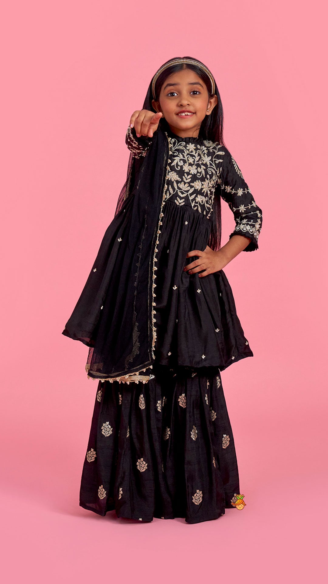 Black Embroidered Pleats Detailed Kurti And Sharara With Dupatta