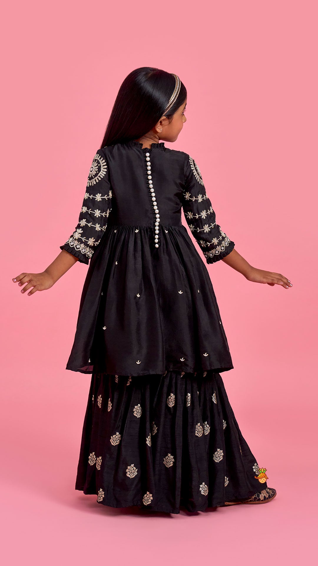 Black Embroidered Pleats Detailed Kurti And Sharara With Dupatta