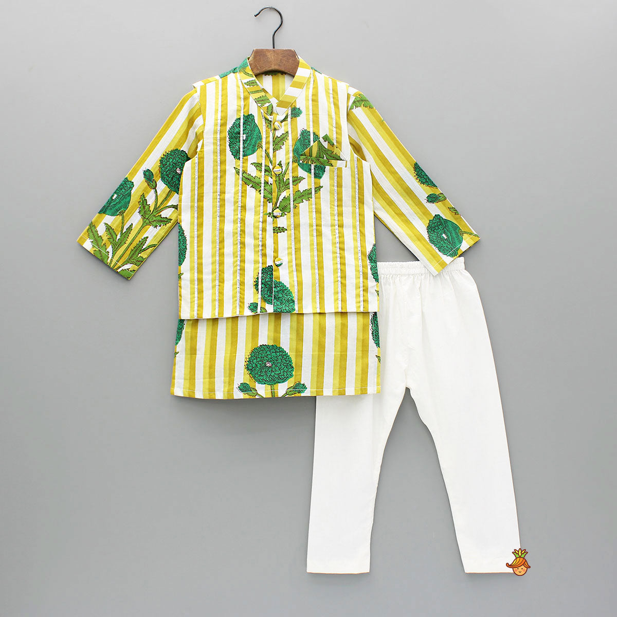 Yellow Floral Printed Kurta With Gota Lace Detailed Jacket And Pyjama