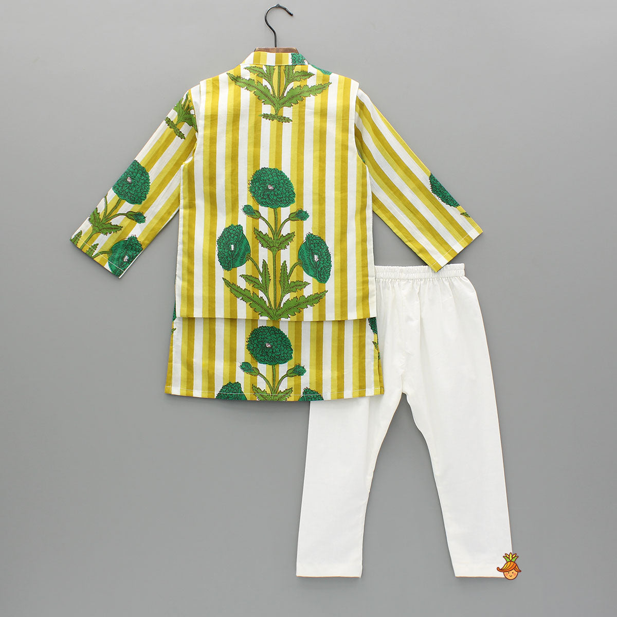 Yellow Floral Printed Kurta With Gota Lace Detailed Jacket And Pyjama