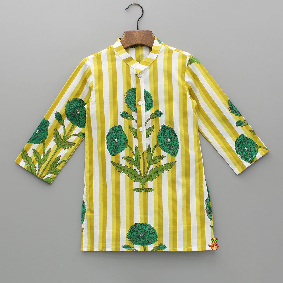 Yellow Floral Printed Kurta With Gota Lace Detailed Jacket And Pyjama