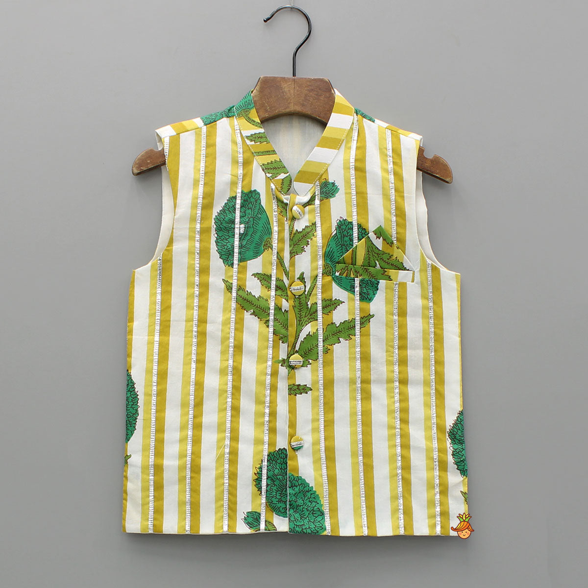 Yellow Floral Printed Kurta With Gota Lace Detailed Jacket And Pyjama