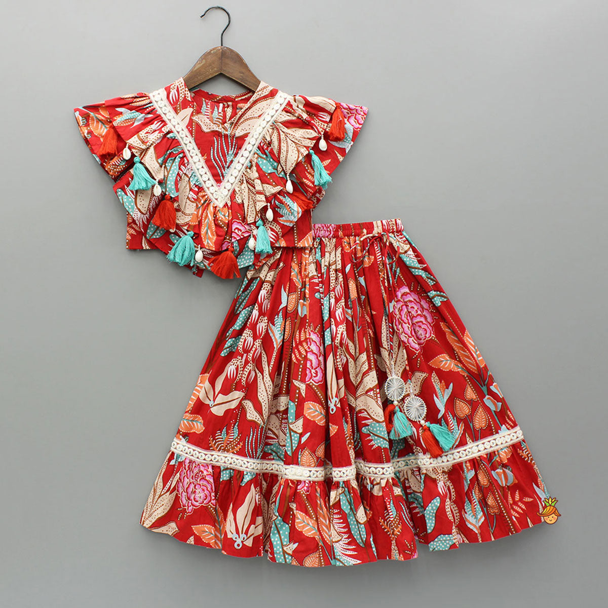 Red Multicolour Printed Top With Frilly Layers And Lehenga
