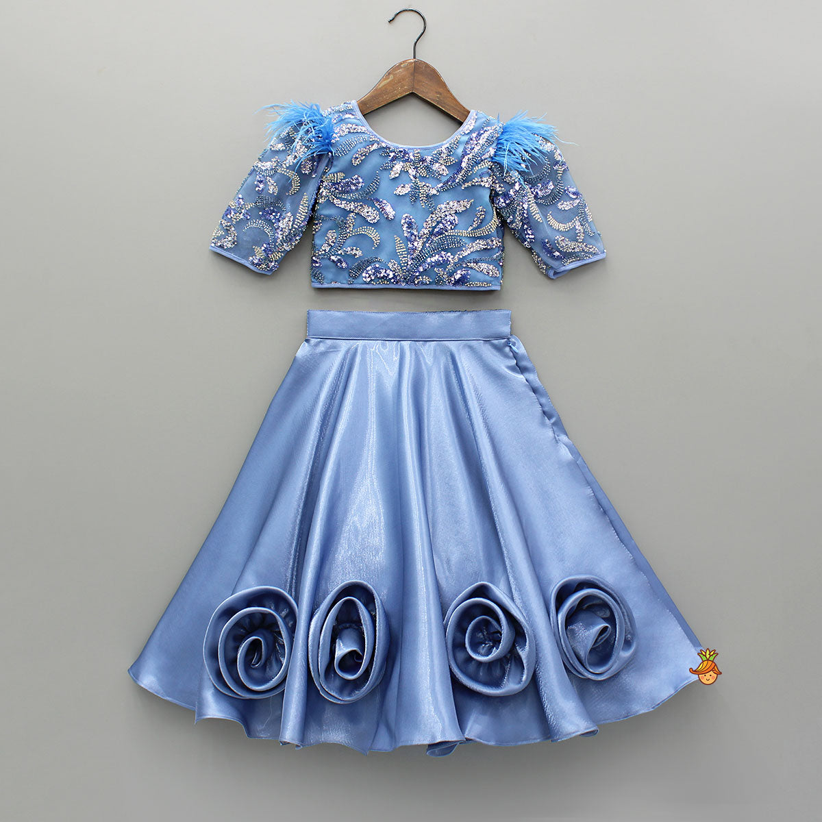 Blue Embroidered Embellished Top And Lehenga