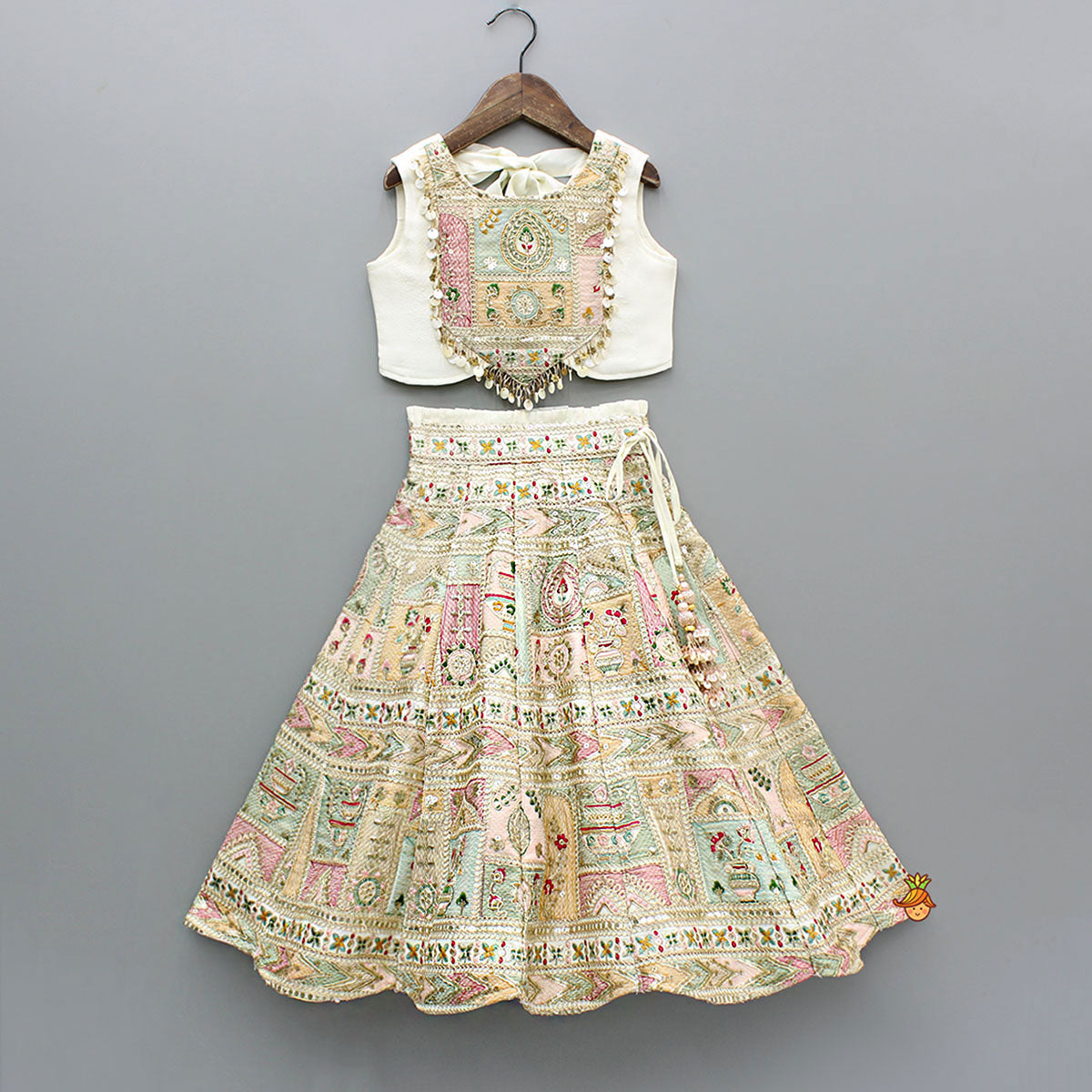 Off White Multicolour Embroidered And Embellished Top With Lehenga