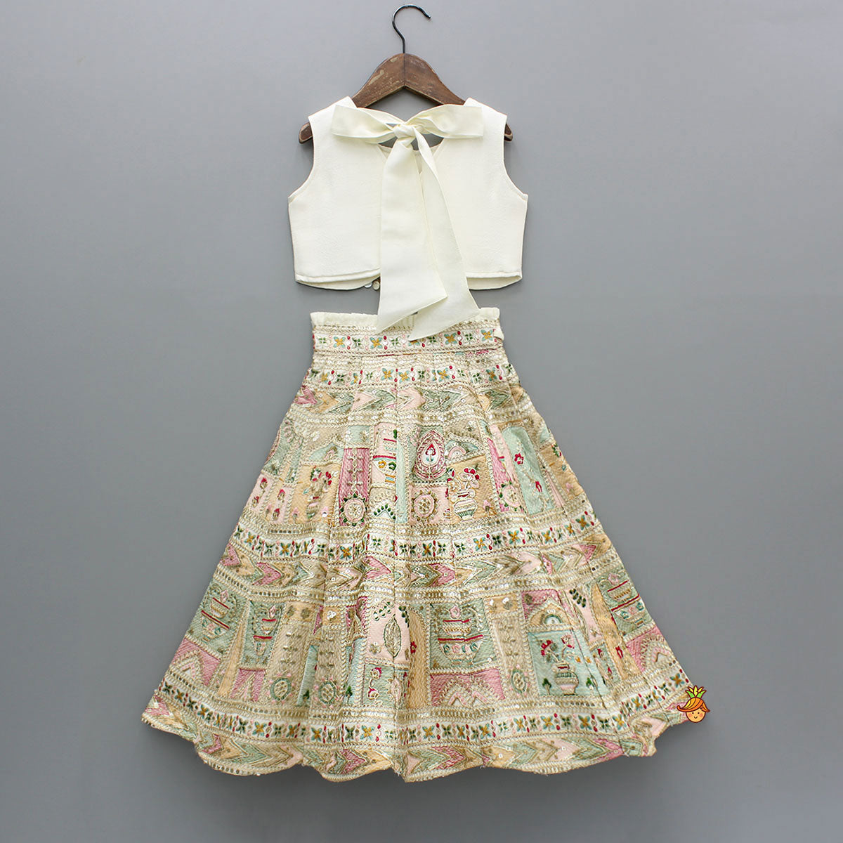 Off White Multicolour Embroidered And Embellished Top With Lehenga