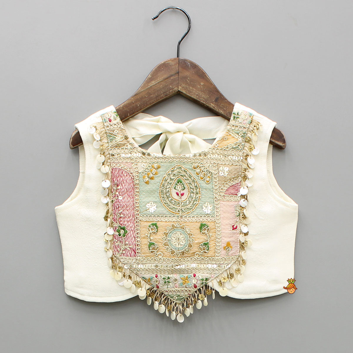 Off White Multicolour Embroidered And Embellished Top With Lehenga