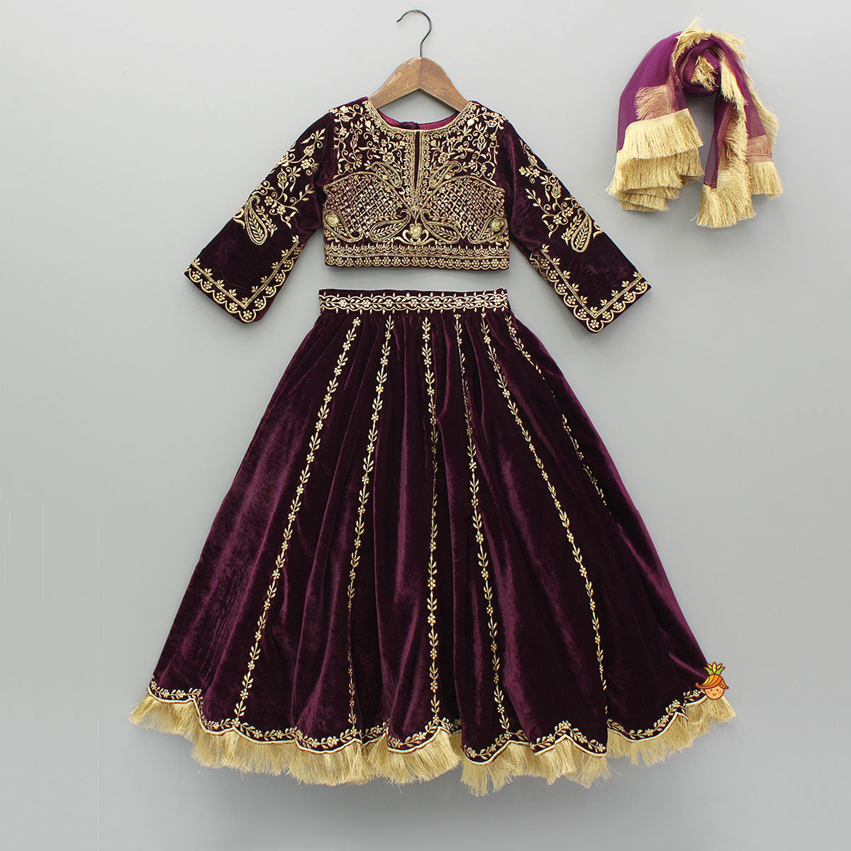 Velvet Embroidered Top And Lehenga With Dupatta