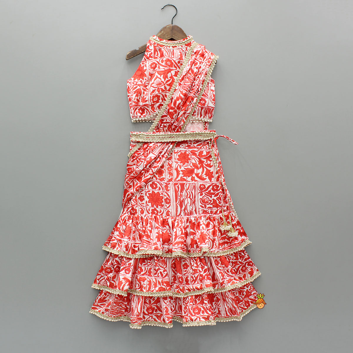 Red Printed Halter Neck Embellished Top And Layered Lehenga With Attached Draped Dupatta