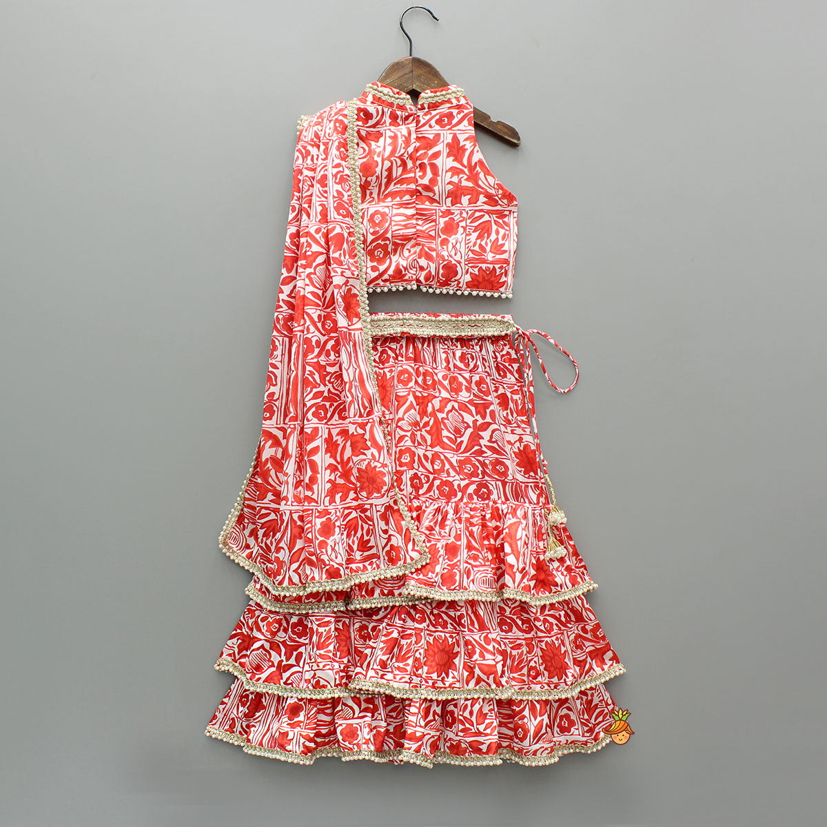 Red Printed Halter Neck Embellished Top And Layered Lehenga With Attached Draped Dupatta