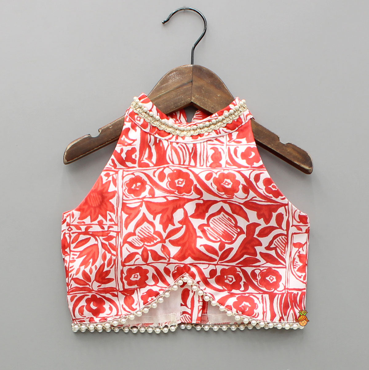 Red Printed Halter Neck Embellished Top And Layered Lehenga With Attached Draped Dupatta