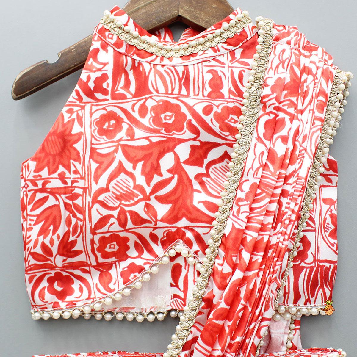 Red Printed Halter Neck Embellished Top And Layered Lehenga With Attached Draped Dupatta