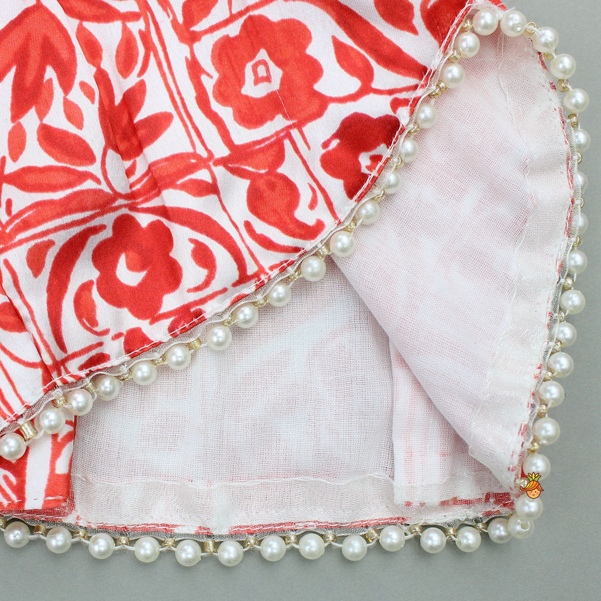 Red Printed Halter Neck Embellished Top And Layered Lehenga With Attached Draped Dupatta