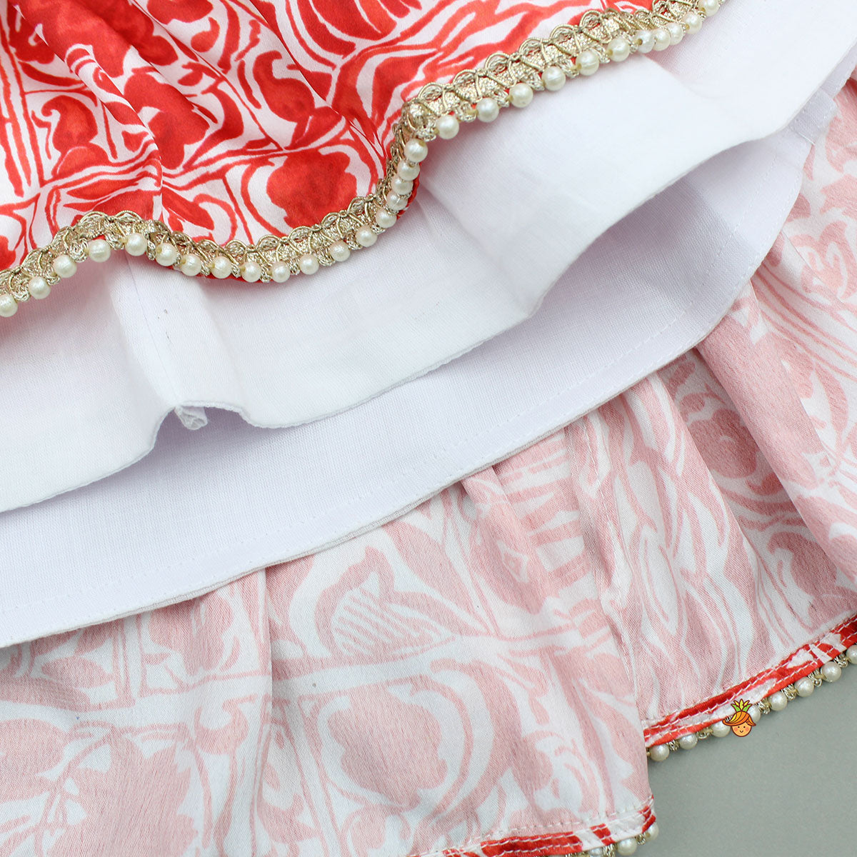 Red Printed Halter Neck Embellished Top And Layered Lehenga With Attached Draped Dupatta