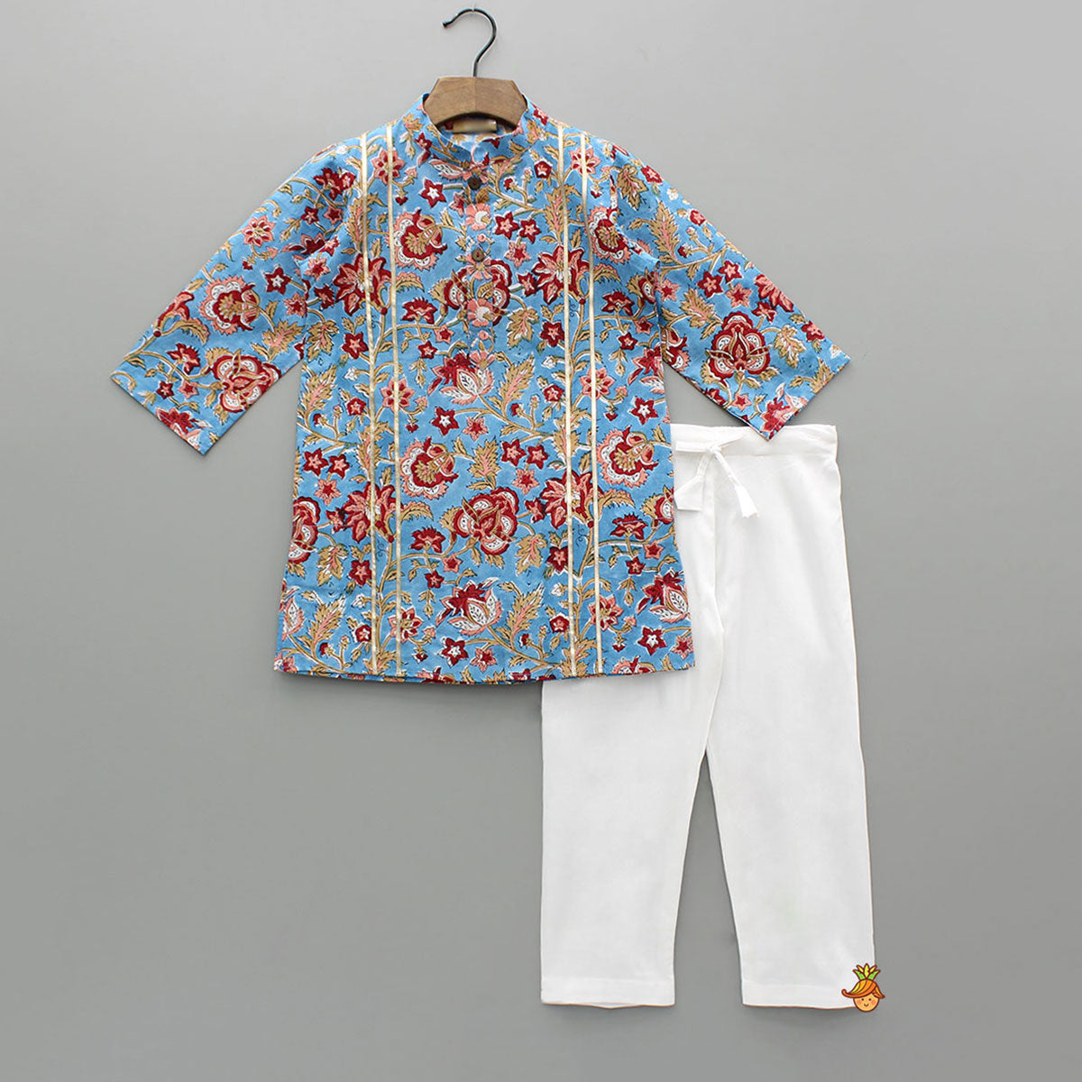 Floral Printed Hand Block Gota Lace Detailed Blue Kurta With Pyjama